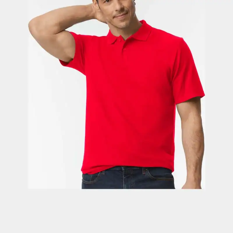 Red Custom Embroidered Polo Shirt – Gildan Softstyle® Adult Pique Polo 64800 shown on model