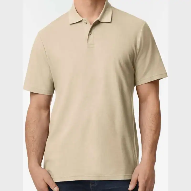 Sand Custom Embroidered Polo Shirt – Gildan Softstyle® Adult Pique Polo 64800 shown on model