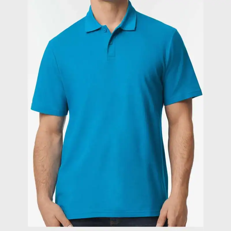 Sapphire Custom Embroidered Polo Shirt – Gildan Softstyle® Adult Pique Polo 64800 shown on model