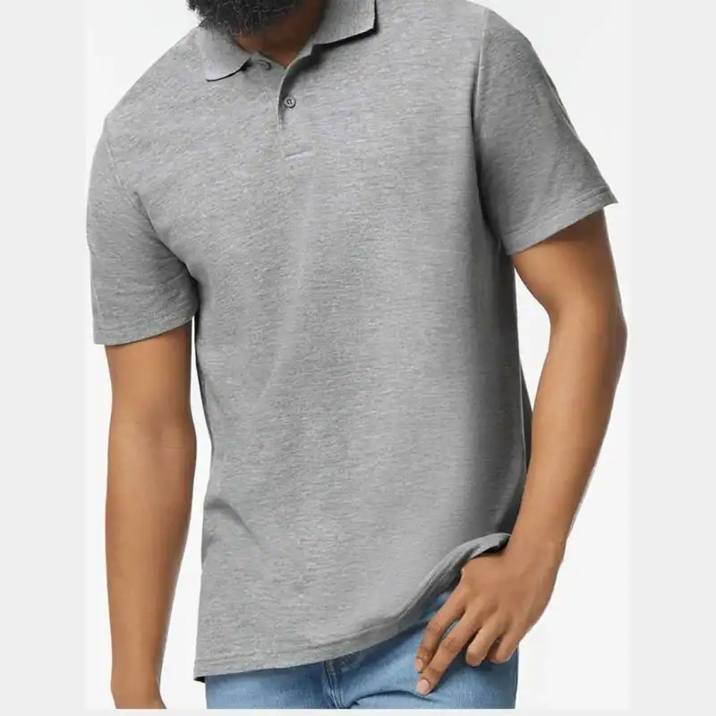 Sport Grey Custom Embroidered Polo Shirt – Gildan Softstyle® Adult Pique Polo 64800 shown on model