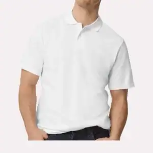 White Custom Embroidered Polo Shirt – Gildan Softstyle® Adult Pique Polo 64800 shown on model