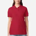 Cherry Red Custom Women’s Polo Shirts – Gildan Softstyle® 64800L Ring-Spun Cotton Polo shown on model