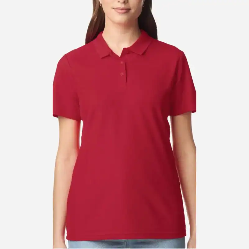 Cherry Red Custom Women’s Polo Shirts – Gildan Softstyle® 64800L Ring-Spun Cotton Polo shown on model