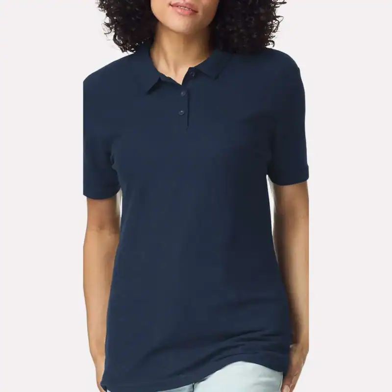 Navy Custom Women’s Polo Shirts – Gildan Softstyle® 64800L Ring-Spun Cotton Polo shown on model
