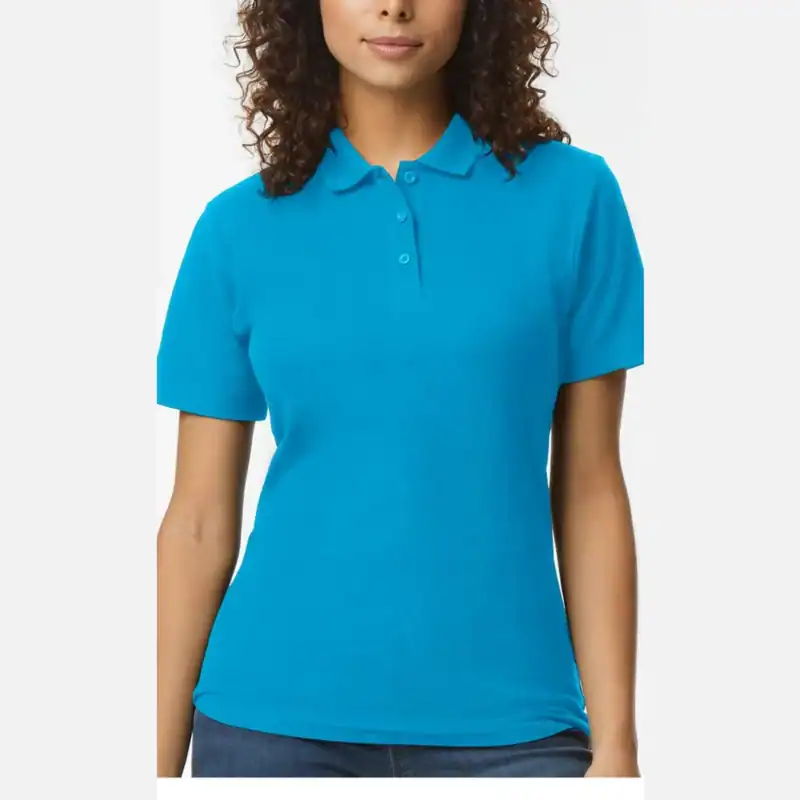 Sapphire Custom Women’s Polo Shirts – Gildan Softstyle® 64800L Ring-Spun Cotton Polo shown on model
