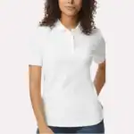 White Custom Women’s Polo Shirts – Gildan Softstyle® 64800L Ring-Spun Cotton Polo shown on model