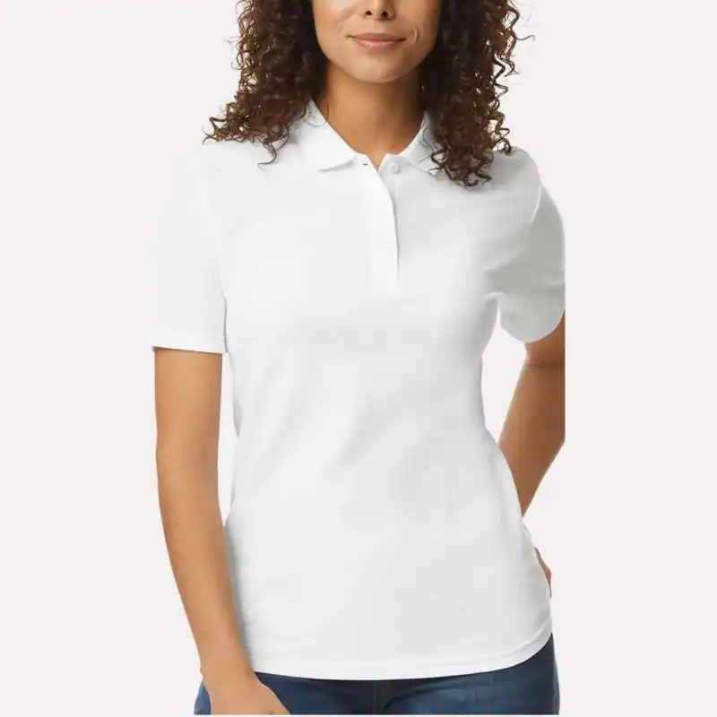 White Custom Women’s Polo Shirts – Gildan Softstyle® 64800L Ring-Spun Cotton Polo shown on model