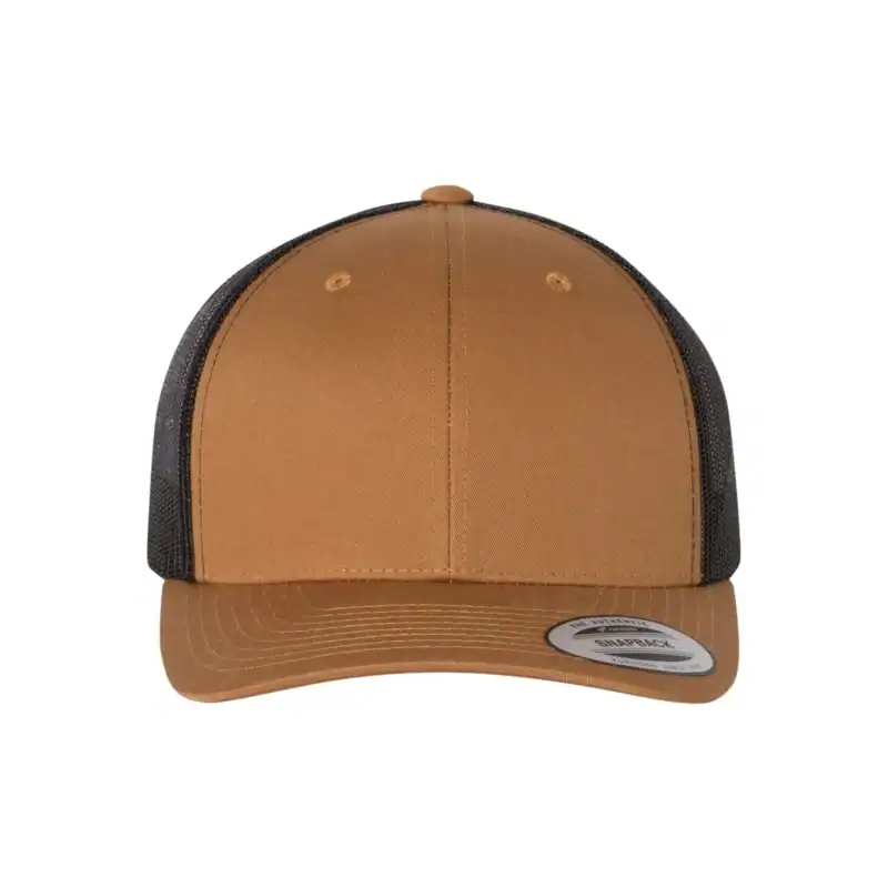 Caramel/ Black Custom Embroidered Snapback Hat – Yupoong Six-Panel Trucker Cap with Logo