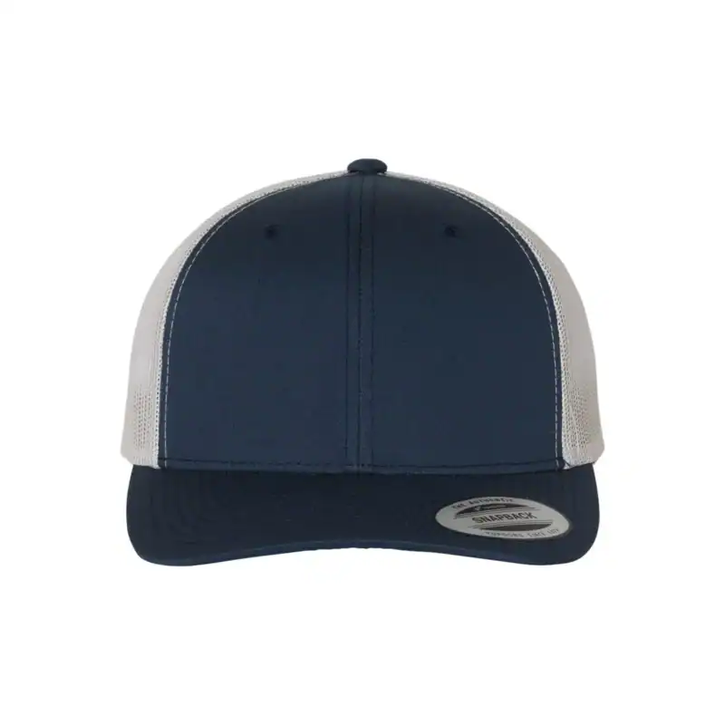 Navy/ Silver Custom Embroidered Snapback Hat – Yupoong Six-Panel Trucker Cap with Logo