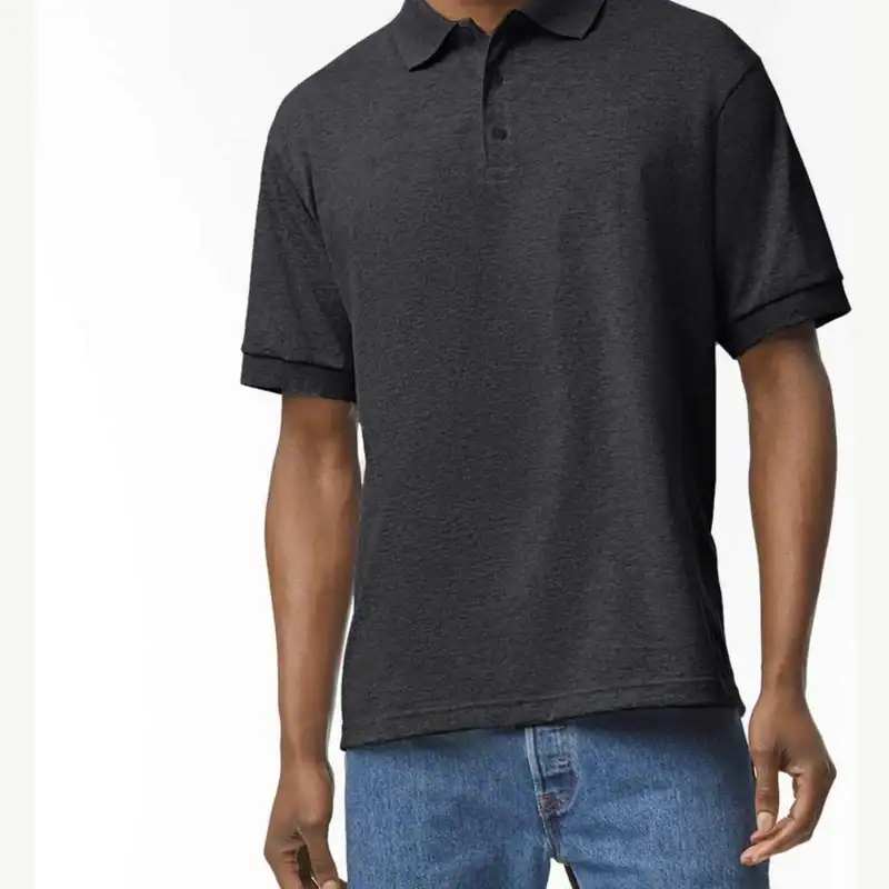 Dark Heather Custom Embroidered Polo Shirt – Gildan DryBlend® 50/50 Blend Jersey Polo 8800 shown on model