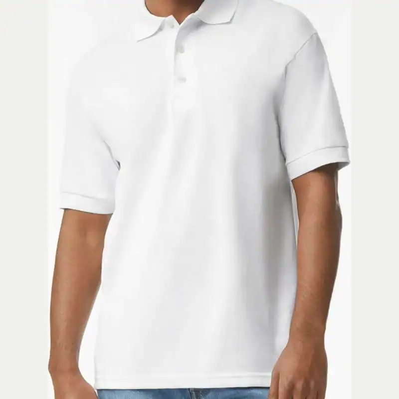 White Custom Embroidered Polo Shirt – Gildan DryBlend® 50/50 Blend Jersey Polo 8800 shown on model