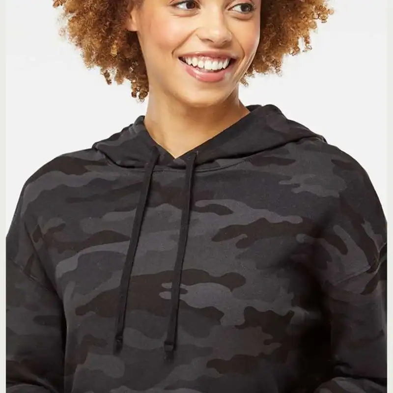 Custom Women’s Crop Hoodie – Lightweight Logo Sweatshirt AFX64CRP – Black Camo Color Image Black Camo Custom Women’s Crop Hoodie – Lightweight Logo Sweatshirt AFX64CRP shown on model