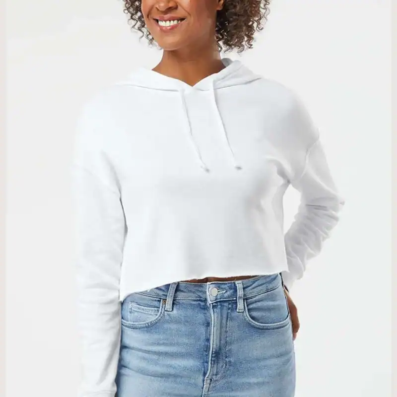 White Custom Women’s Crop Hoodie – Lightweight Logo Sweatshirt AFX64CRP shown on model