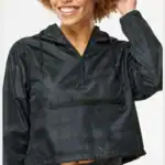 Black Camo Women's Lightweight Quarter-Zip Pullover Crop Windbreaker shown on model