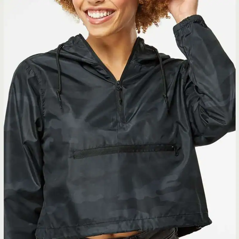 Black Camo Women's Lightweight Quarter-Zip Pullover Crop Windbreaker shown on model
