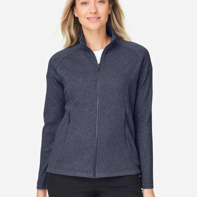 custom women's full zip jacket – Classic Navy Heather – on model – CNE727W