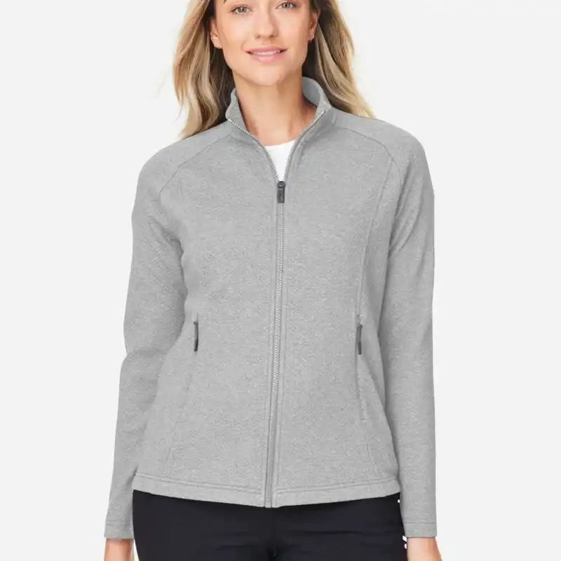 custom women's full zip jacket – Platinum Heather – on model – CNE727W