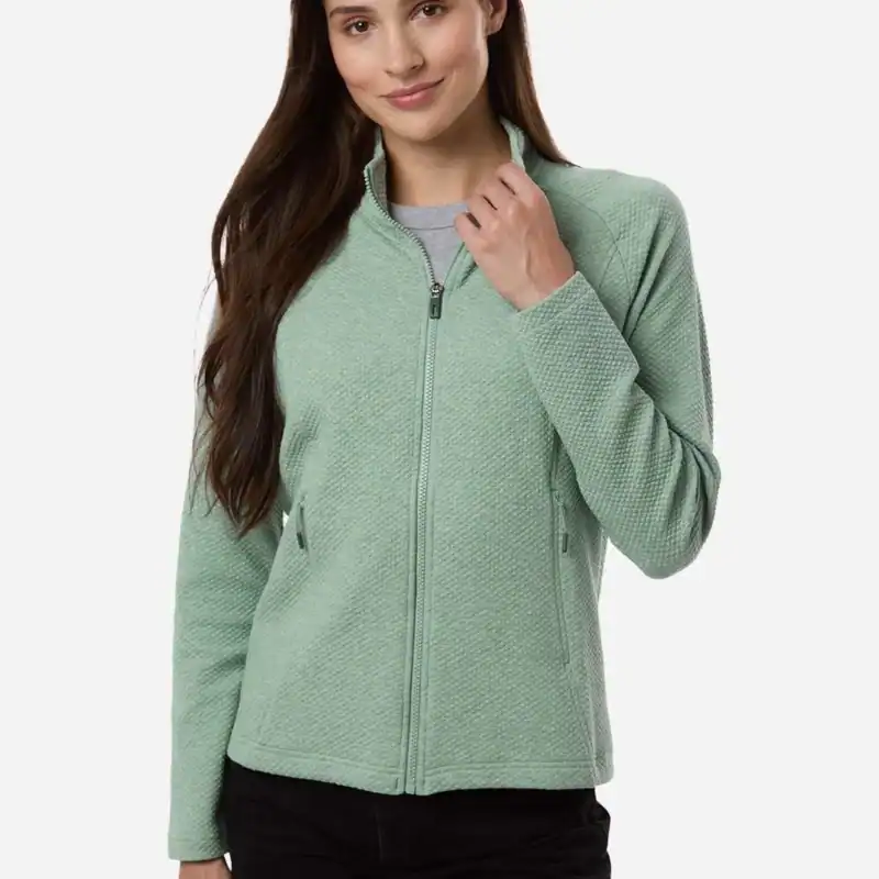 custom women's full zip jacket – Sage Green Heather – on model – CNE727W