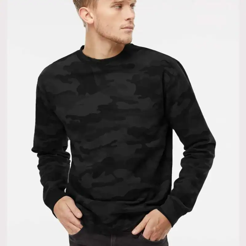 Black Camo Custom Embroidered Crewneck Sweatshirt – Independent Trading Co. SS3000 | Midweight Unisex Fleece shown on model
