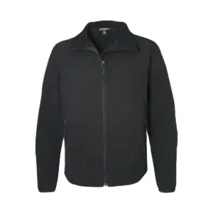 Black weatherproof soft shell women's jacket with front zipper and side pockets.