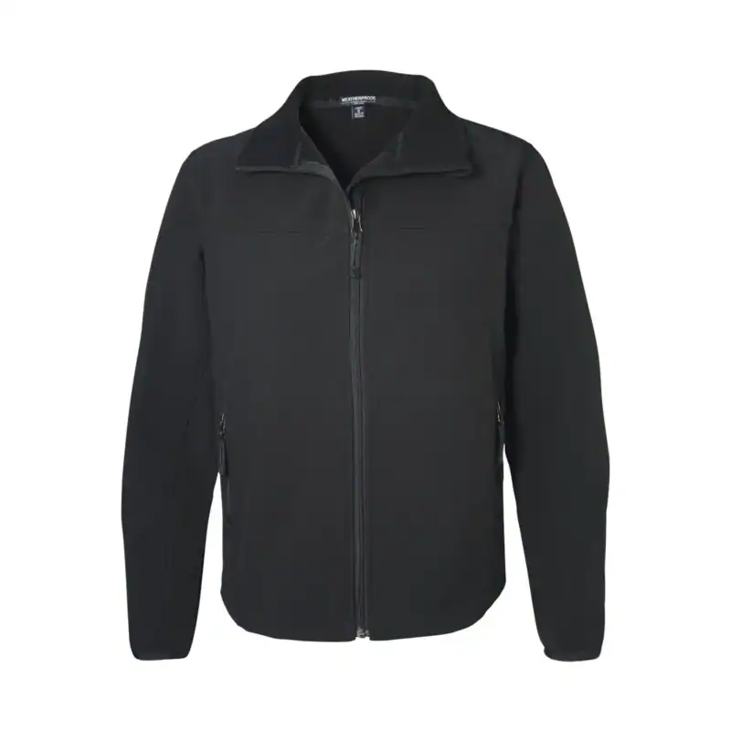 Custom Embroidered Women’s Jacket – Weatherproof Soft Shell – Black Color Image Black weatherproof soft shell women's jacket with front zipper and side pockets.